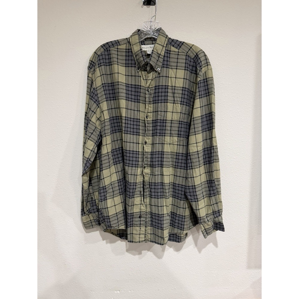 Men's Vintage Banana Republic Plaid Green Flannel 100% Cotton Long Sleeve M